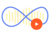 Graphic illustration of a blue infinity loop over a yellow audio sound wave pattern, featuring a circular orange play button.