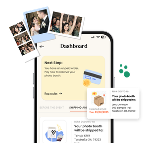 A high-quality composite promotional graphic featuring a smartphone displaying the KRUU app's "Dashboard." The screen shows order management sections, including a yellow "Next Step" card for an unpaid order and a detailed shipping status card for a photo booth delivery to a sample address in Faketown, CA. Floating in the top left corner is a fan of two Polaroid-style photos and one photostrip featuring three photos, showing guests and the couple enjoying a wedding and a party. Minimalist green circle doodles add a modern touch to the right.