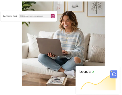 Woman working on laptop at home, next to UI elements showing a KRUU referral link and a growing leads graph with a Euro symbol.