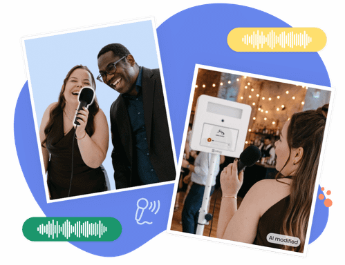 A graphic collage featuring two polaroid-style photos set against a blue decorative backdrop with colorful soundwave icons. On the left photo, a laughing man and woman are holding a microphone together. On the right photo, a woman viewed from behind speaks into a handheld microphone toward a white KRUU Photobooth on a tripod at an event with string lights. An 'AI modified' watermark is visible in the bottom right corner of the second photo.