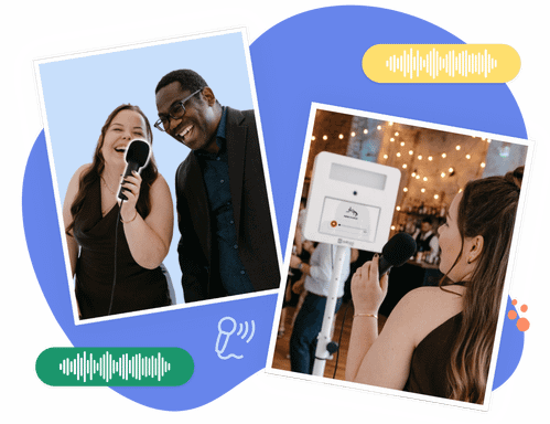 People laughing and speaking into a microphone in front of a KRUU Photo Booth.
