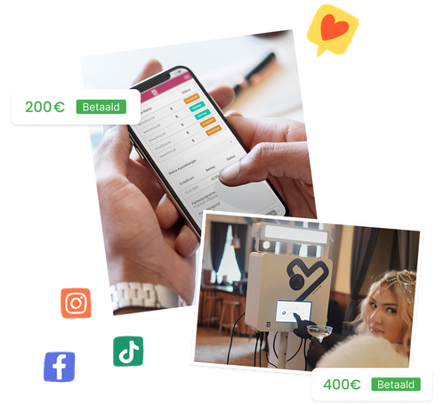 A complex, high-quality composite promotional graphic on a white background. In the center, a photo shows a phone being held. The phone is displaying the affiliate dashboard with various statuses like 'Bestätigt' (Confirmed) and 'Ausstehend' (Pending). Two payment status badges are shown, '200€ Bezahlt' (Paid) in the top left and '400€ Bezahlt' (Paid) in the bottom right of the composition. An inset photo shows a woman using a white KRUU photo booth, with a bright flash activated. A promotional graphic for 'GRATIS KRUU HOCHZEITSPLANER DOWNLOADEN' (Free Wedding Planner Download) is displayed to the right of the composition. Several social media icons (Instagram, Facebook, TikTok) and a heart-shaped chat bubble doodle are also included.