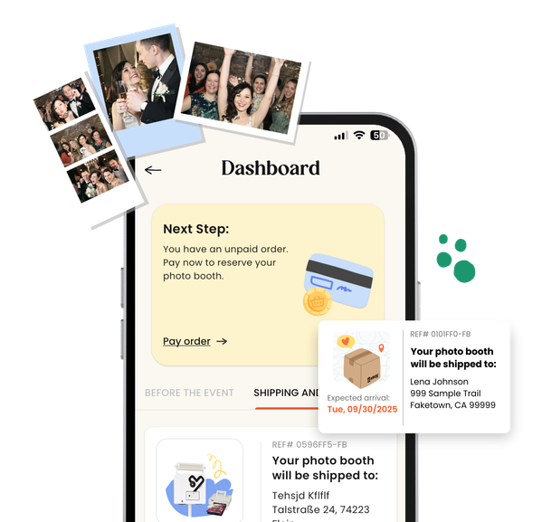 A high-quality composite promotional graphic featuring a smartphone displaying the KRUU app's "Dashboard." The screen shows order management sections, including a yellow "Next Step" card for an unpaid order and a detailed shipping status card for a photo booth delivery to a sample address in Faketown, CA. Floating in the top left corner is a fan of two Polaroid-style photos and one photostrip featuring three photos, showing guests and the couple enjoying a wedding and a party. Minimalist green circle doodles add a modern touch to the right.