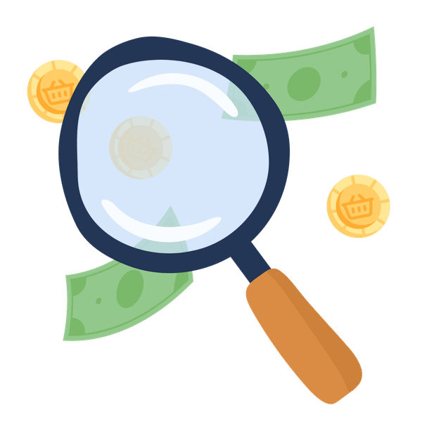A flat-style illustration that shows a large magnifying glass with a dark blue frame and a light brown handle that is positioned centrally, tilted diagonally. Through the lens of the magnifying glass, floating green banknotes and gold coins with shopping basket icons are visible, with one coin being magnified in the center.