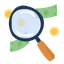 A flat-style illustration that shows a large magnifying glass with a dark blue frame and a light brown handle that is positioned centrally, tilted diagonally. Through the lens of the magnifying glass, floating green banknotes and gold coins with shopping basket icons are visible, with one coin being magnified in the center.