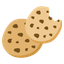 A simple, flat-style illustration of two overlapping round chocolate chip cookies. The cookies are golden-brown with dark brown chocolate chunks. The cookie in the background is whole, while the one in front of it has a large bite taken out of the top right corner.