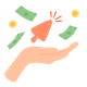 A flat-style illustration that shows a hand held open, palm up. Floating above the hand is a large, orange computer cursor arrow pointing upwards, accented with small red lines. Surrounding the cursor are three green banknotes and two gold coins featuring shopping basket icons, all appearing to fall into the open hand.