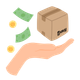 A flat-style illustration that shows a hand held open, palm up with a brown cardboard shipping box floating just above it. The box is sealed with brown tape and features the black "KRUU.com" logo on the side. To the left of the box, two green banknotes and two gold coins with shopping basket icons are floating in the air, appearing to fall toward the hand.